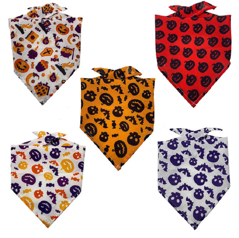 A collection of Halloween-themed Pet Tie-Dye Triangle Bandana Scarf for Dogs & Cats featuring pumpkin, skull, and bat designs in festive orange, red, white, and purple colors.