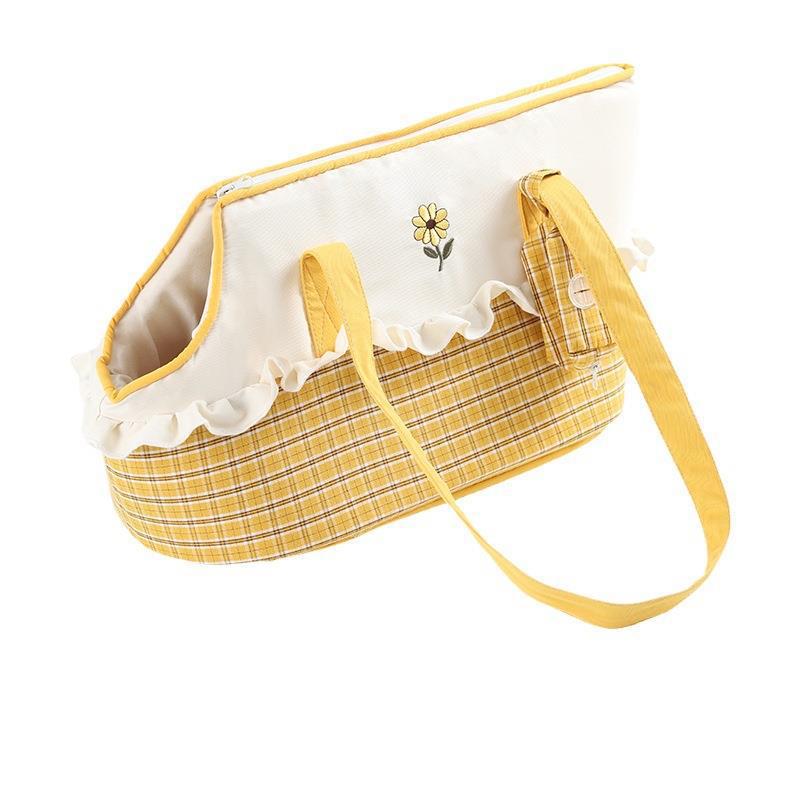 Pet carry tote-Cartoon Pet Carrier Shoulder Bag for Cats & Small Dogs in yellow plaid with white ruffled trim and flower detail, designed for comfortable pet transport.