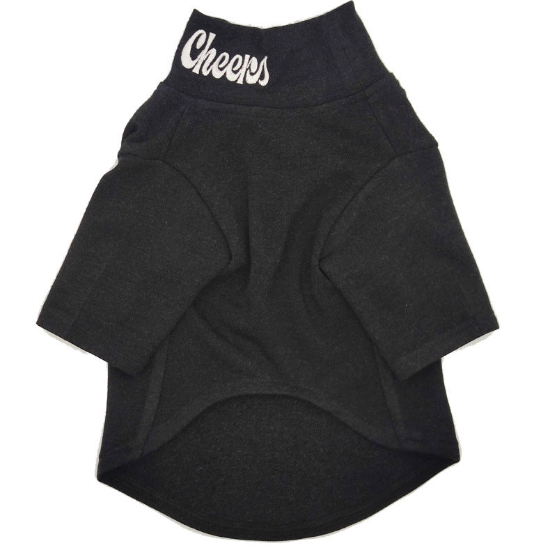 Dog Sweater – Cozy High-Collar Knit Wool Sweater for Small & Large Dogs in black with white "Cheers" lettering on the collar, designed for warmth and comfort in cool weather.