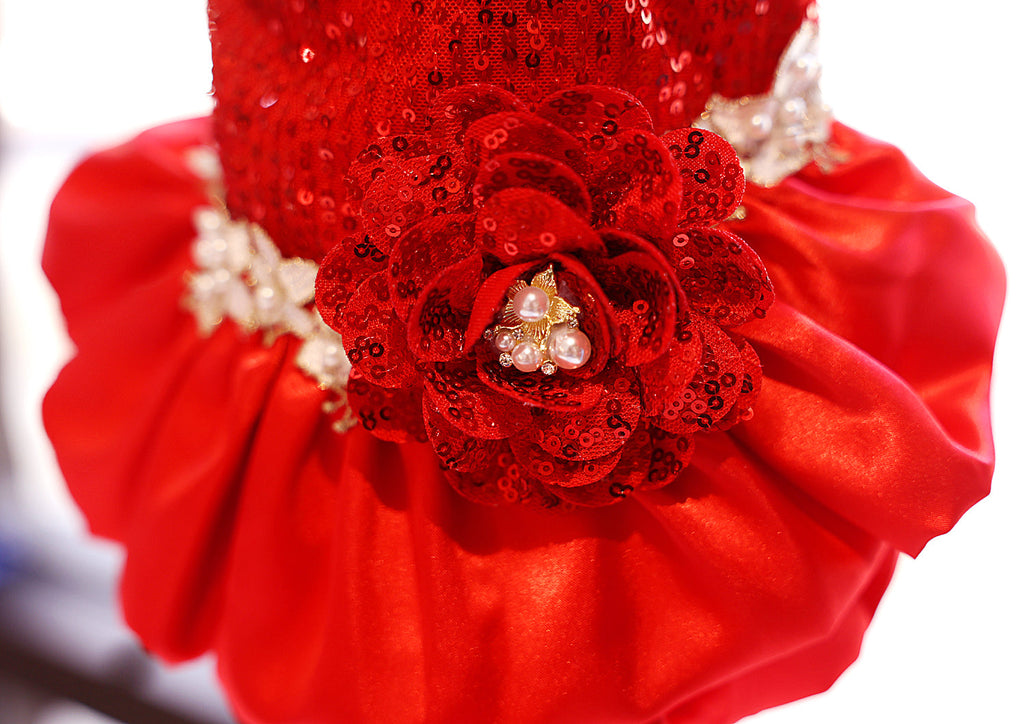 Handmade dog wear- Luxury Red Sequin Dog Dress | Elegant Pearl Lace Pet Party Dress