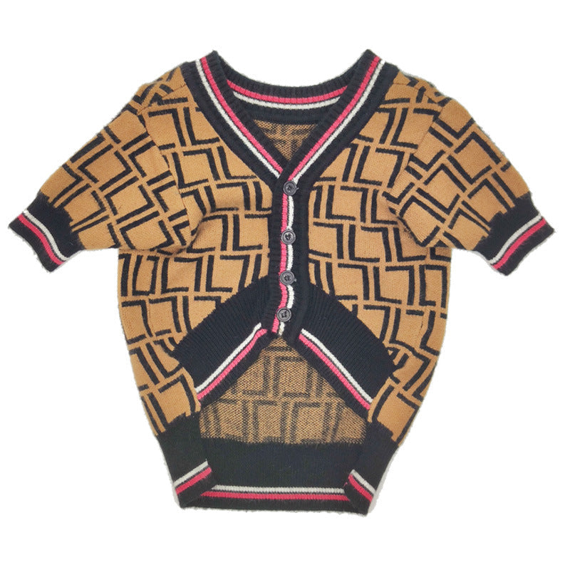 Dog Sweater – Cozy High-Collar Knit Wool Sweater for Small & Large Dogs in a geometric brown and black pattern with red and white trim, featuring buttons and short sleeves.