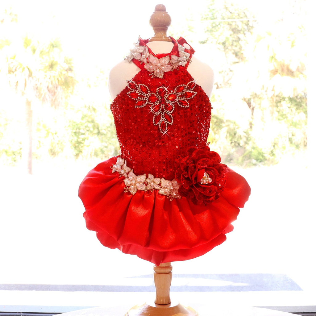 Handmade dog wear- Luxury Red Sequin Dog Dress | Elegant Pearl Lace Pet Party Dress