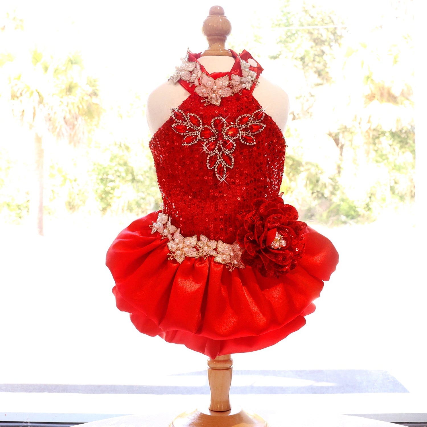 Handmade dog wear- Luxury Red Sequin Dog Dress | Elegant Pearl Lace Pet Party Dress