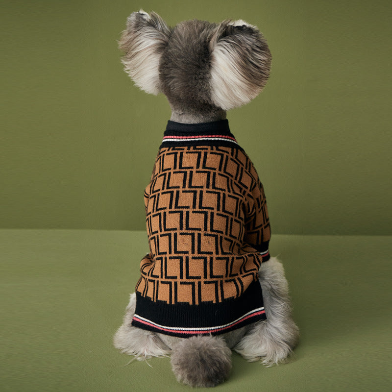Small dog wearing a stylish brown and black patterned Dog Sweater – Cozy High-Collar Knit Wool Sweater for Small & Large Dogs, sitting against a muted green background.