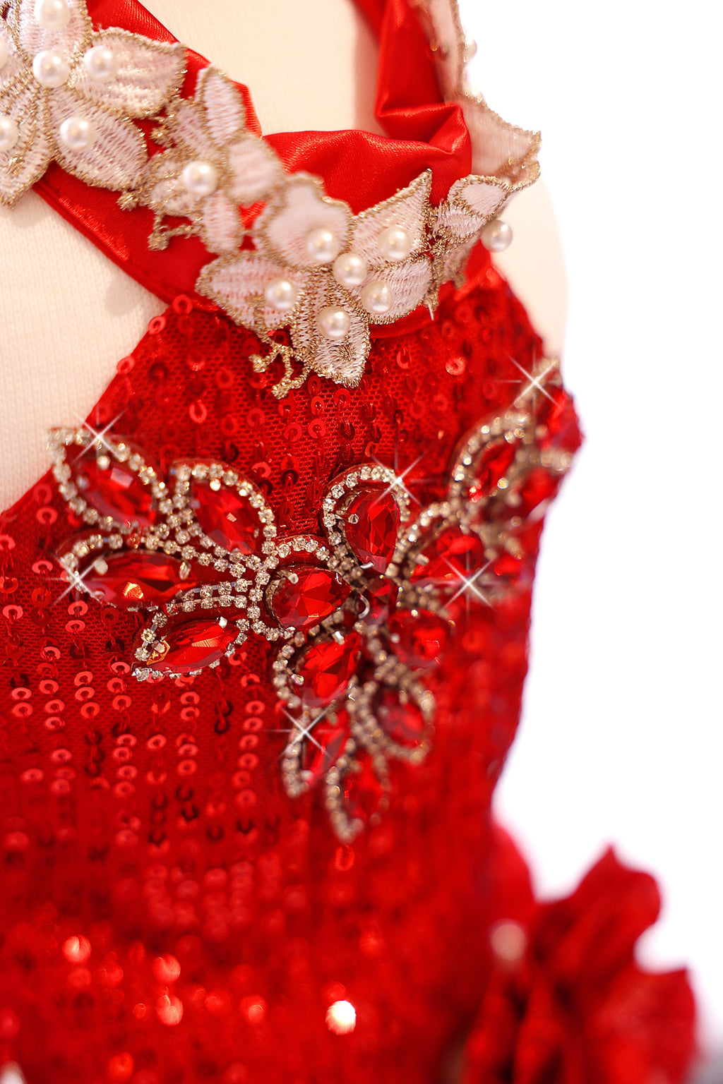 Handmade dog wear- Luxury Red Sequin Dog Dress | Elegant Pearl Lace Pet Party Dress