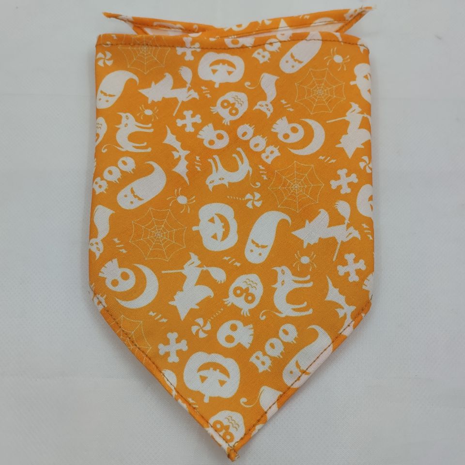 Orange Halloween-themed Pet Tie-Dye Triangle Bandana Scarf for Dogs & Cats with white spooky icons like ghosts, bats, pumpkins, and spider webs printed all over