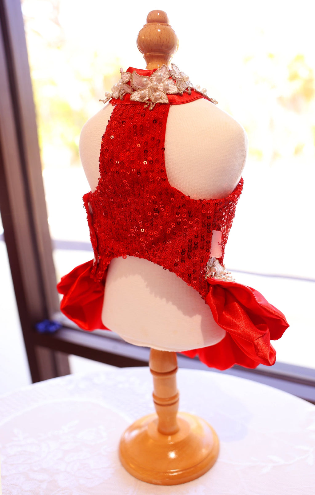 Handmade dog wear- Luxury Red Sequin Dog Dress | Elegant Pearl Lace Pet Party Dress