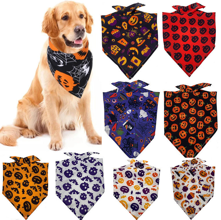 Golden retriever wearing a black and orange Halloween-themed Pet Tie-Dye Triangle Bandana Scarf for Dogs & Cats, alongside eight additional scarves in various Halloween patterns and colors.