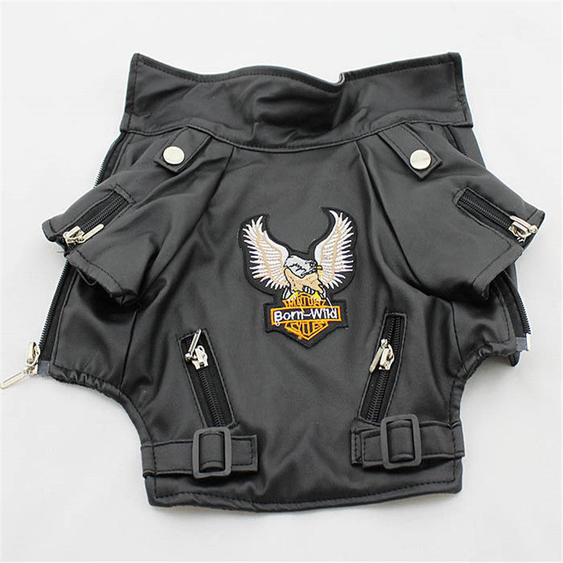 Black dog leather jacket with silver zippers, buckle straps, and an eagle embroidered patch with "Born Wild" text, designed as the Eagle Embroidered Dog Leather Jacket.