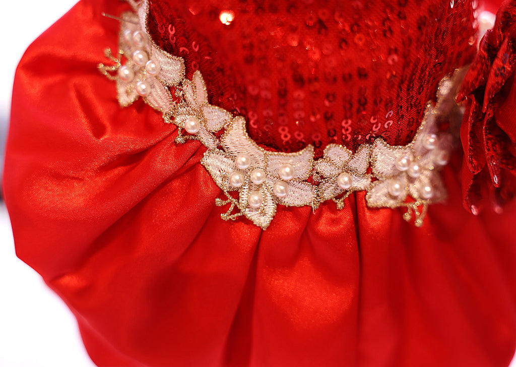 Handmade dog wear- Luxury Red Sequin Dog Dress | Elegant Pearl Lace Pet Party Dress