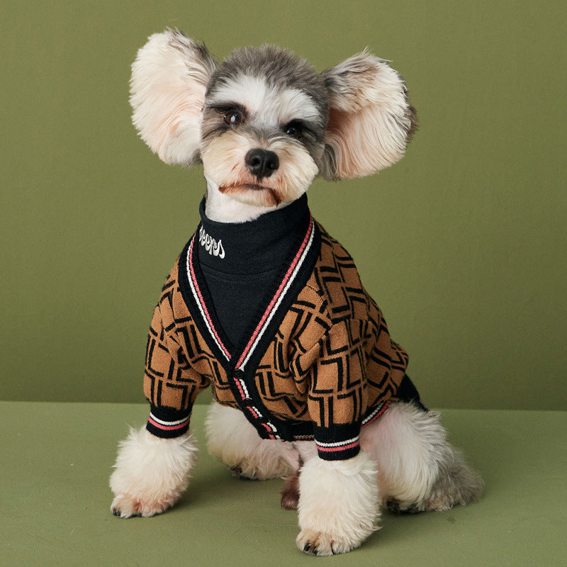 Small fluffy dog wearing a stylish knitted sweater with a high collar, showcasing the Dog Sweater – Cozy High-Collar Knit Wool Sweater for Small & Large Dogs in a warm, patterned design.