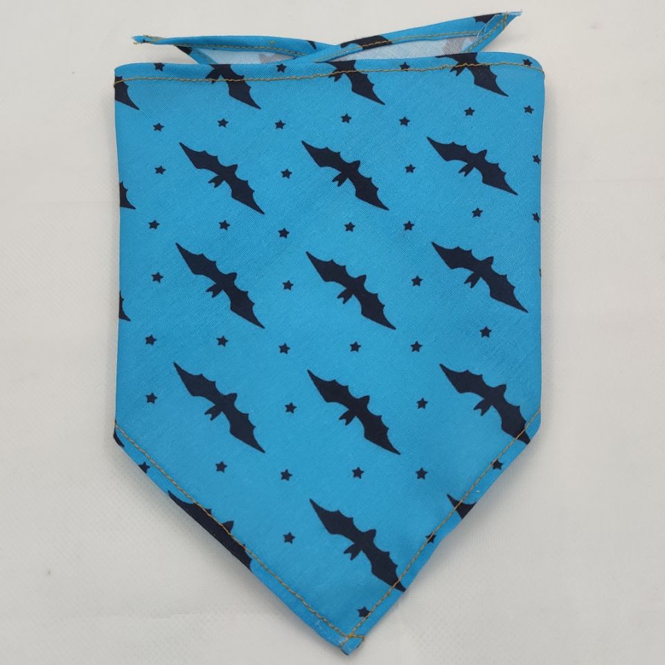 Pet Tie-Dye Triangle Bandana Scarf for Dogs & Cats in bright blue with black bat and small star patterns, designed for stylish pet apparel and accessories.