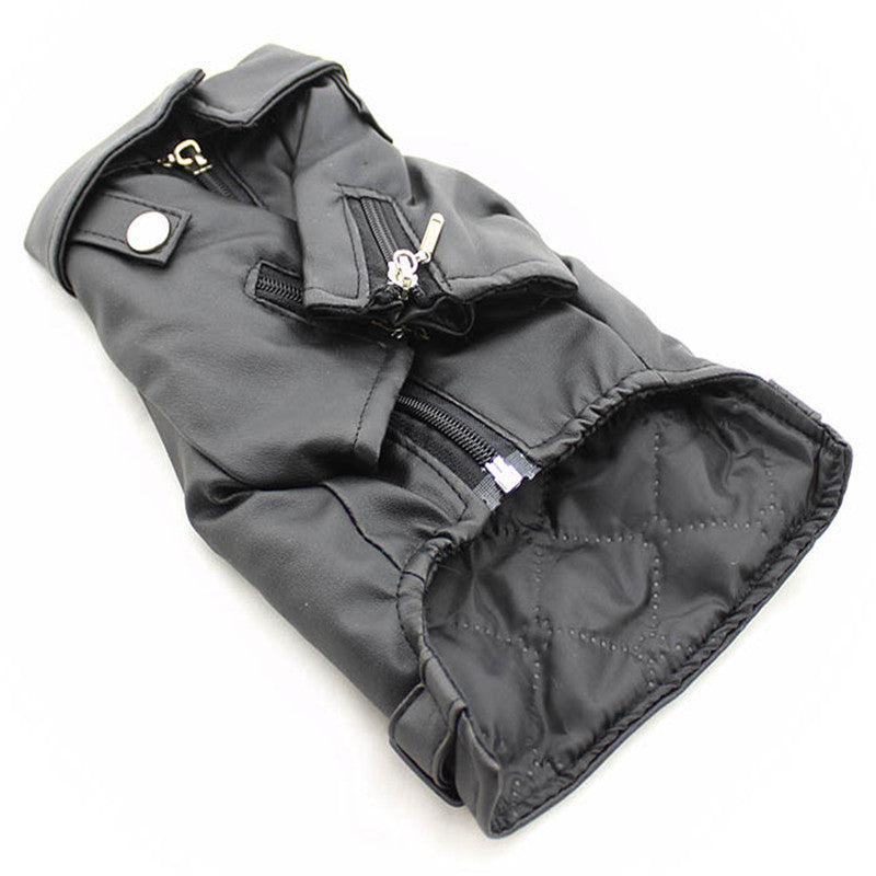Black Eagle Embroidered Dog Leather Jacket designed for comfort and style, featuring quilted lining and functional zipper details for dog apparel and accessories.