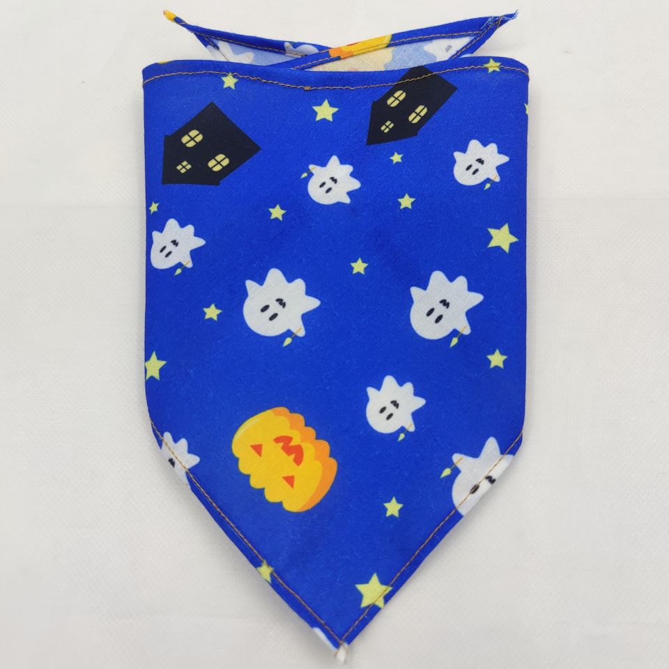 Pet Tie-Dye Triangle Bandana Scarf for Dogs & Cats in blue with Halloween-themed patterns including ghosts, stars, houses, and a pumpkin, designed as dog accessories and apparel.