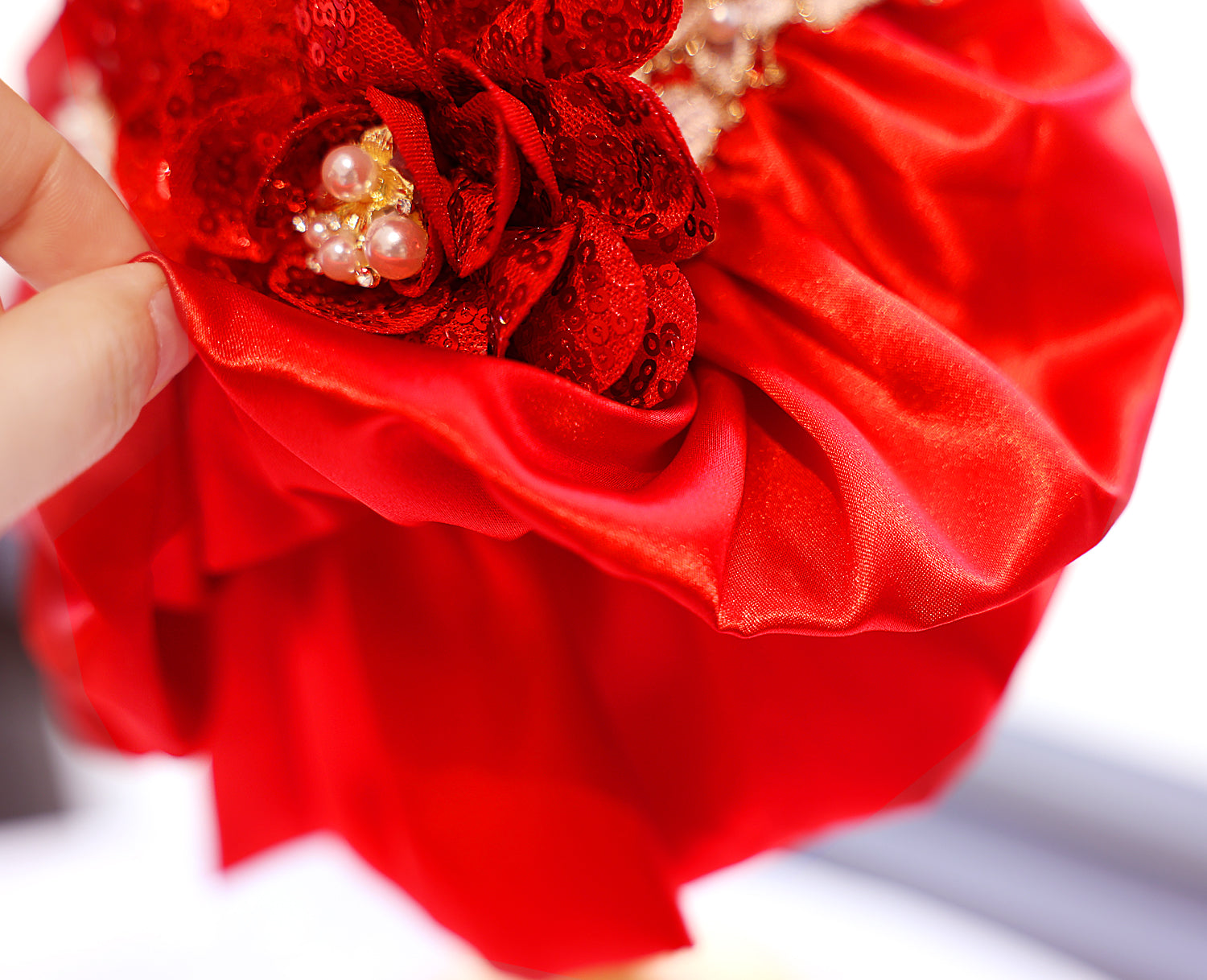 Handmade dog wear- Luxury Red Sequin Dog Dress | Elegant Pearl Lace Pet Party Dress