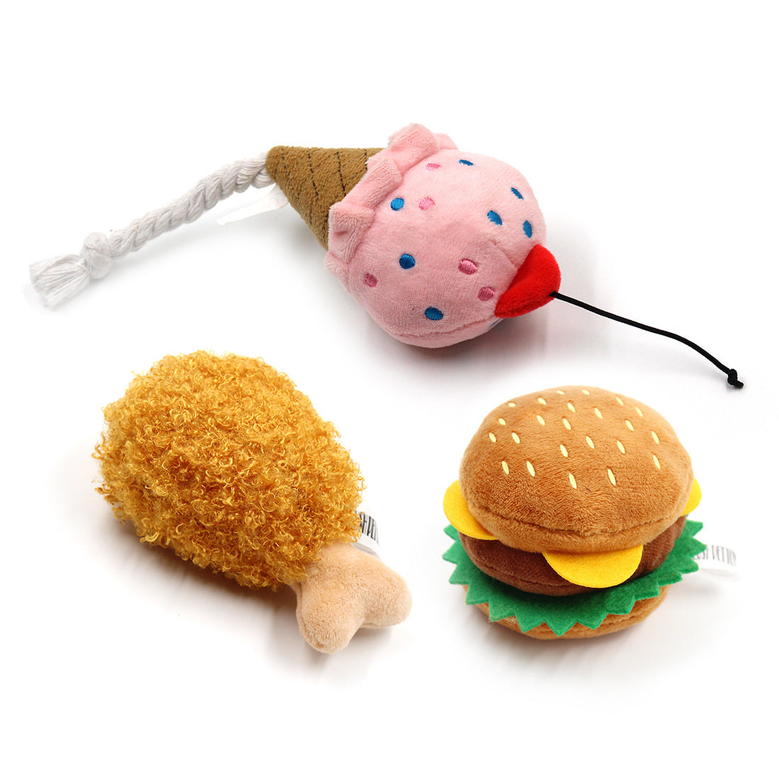 Plush Food Squeaky Dog Toy | Hamburger, Hot Dog, Ice Cream & More