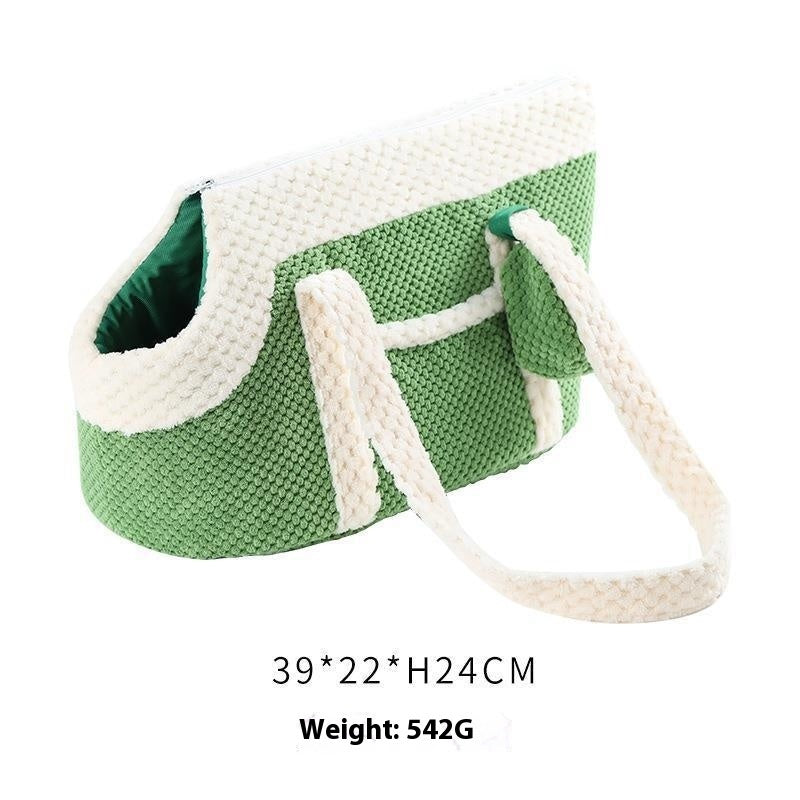 Green and white knitted soft fabric Pet carry tote-Cartoon Pet Carrier Shoulder Bag for Cats & Small Dogs with shoulder straps for comfortable pet transport.