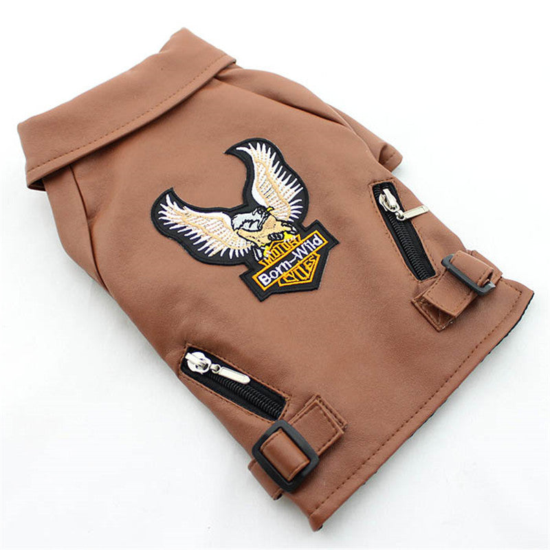 Brown Eagle Embroidered Dog Leather Jacket designed for dog apparel with detailed eagle embroidery, zippered pockets, and buckle accents enhancing dog accessories and safety.