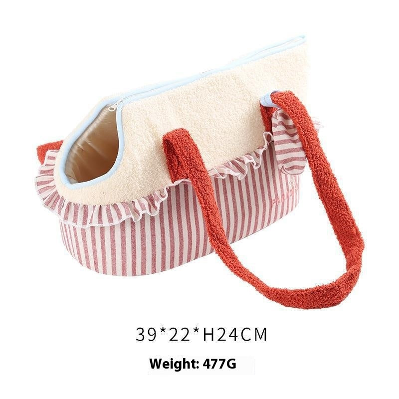 Pet carry tote-Cartoon Pet Carrier Shoulder Bag for Cats & Small Dogs in soft pink striped fabric with red textured handles and beige top cover, designed for pet safety and comfort.