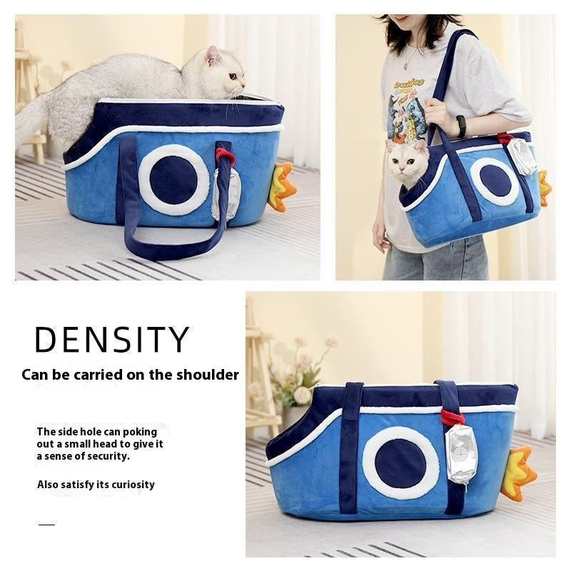 Pet carry tote-Cartoon Pet Carrier Shoulder Bag for Cats & Small Dogs in blue with circular side hole, designed for comfort and safety while carrying small pets like cats.