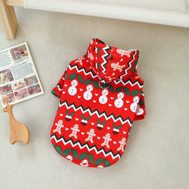 Dog Christmas Sweatshirt | Festive Holiday Clothes for Dogs featuring a bright red design with snowmen, gingerbread men, and holly patterns, ideal for seasonal dog apparel and accessories.
