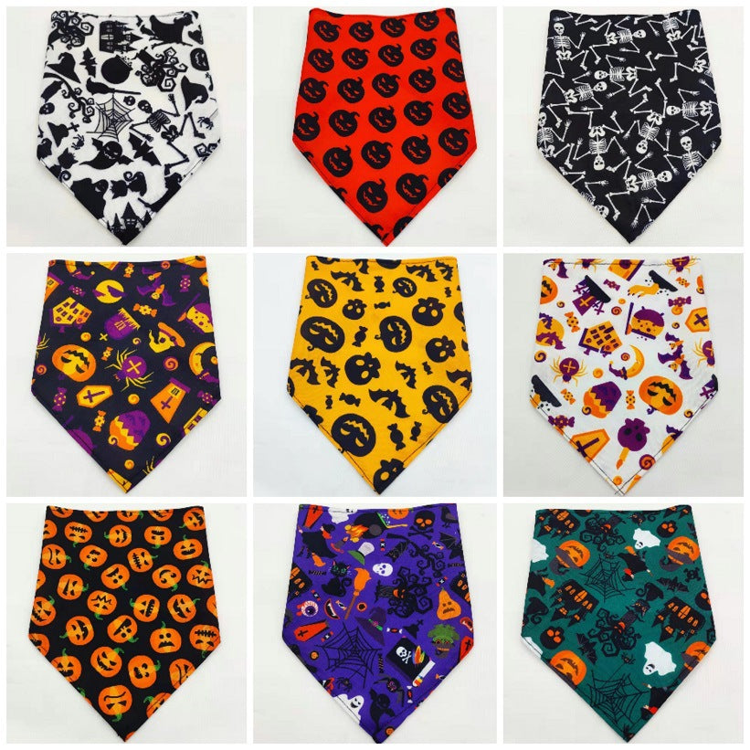 Collection of nine colorful Pet Tie-Dye Triangle Bandana Scarf for Dogs & Cats with Halloween-themed patterns including pumpkins, bats, skeletons, and ghosts.