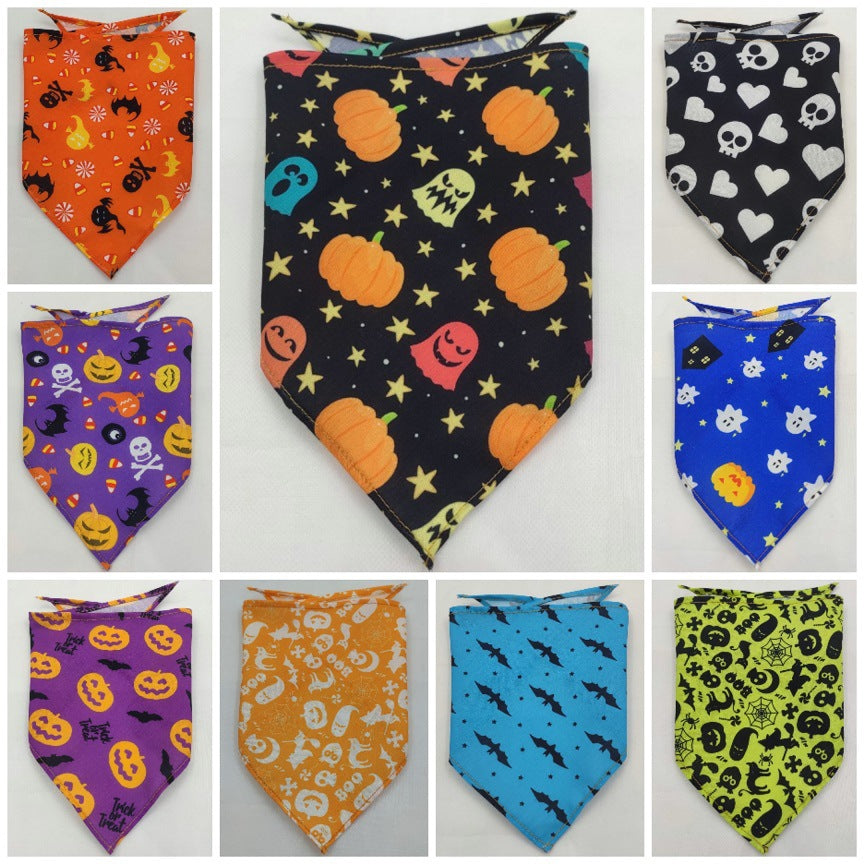 Collection of colorful Pet Tie-Dye Triangle Bandana Scarf for Dogs & Cats featuring playful Halloween-themed patterns with pumpkins, ghosts, skulls, bats, and hearts in various vibrant colors.