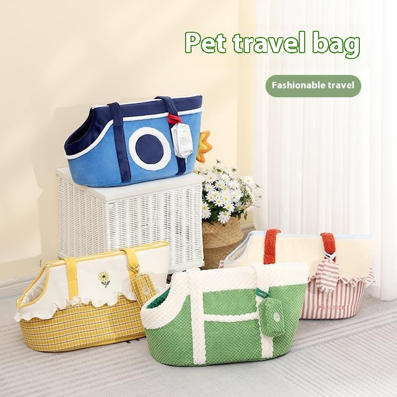 Four different colored Pet carry tote-Cartoon Pet Carrier Shoulder Bag for Cats & Small Dogs displayed indoors, designed for comfortable and stylish pet travel.