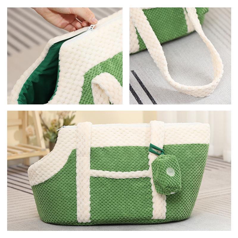 Soft textured green and white shoulder bag with zipper and handles, designed as a Pet carry tote-Cartoon Pet Carrier Shoulder Bag for Cats & Small Dogs for comfortable pet safety and transport.
