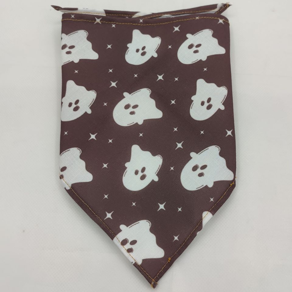 Pet Tie-Dye Triangle Bandana Scarf for Dogs & Cats featuring a brown background with a pattern of playful white ghost shapes, ideal for dog apparel and accessories.